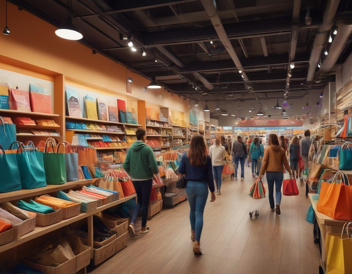 An engaging scene depicting a diverse group of people happily shopping in a vibrant retail environment, with colorful shopping bags and carts. Incorporate price tags and comparison charts in the background, emphasizing expert buying guides. Add elements like electronics, clothing, and groceries to showcase various retail categories. Bright, inviting atmosphere with playful designs. super-realistic. vibrant colors. 3D.