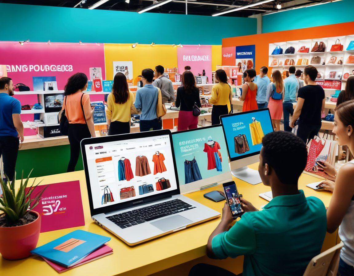 A lively online shopping scene featuring a diverse group of excited shoppers exploring a vibrant digital marketplace. Include price tags with discounts prominently displayed, various quality goods like electronics, fashion items, and home decor, with a laptop and smartphone visible in the mix. The background should have dynamic elements like pop-up sales and colorful banners. super-realistic. vibrant colors. 3D.