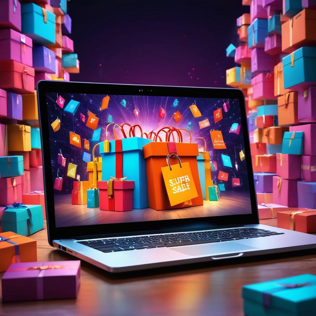 A vibrant online shopping scene featuring a diverse group of people joyfully comparing products on various devices like laptops and smartphones. Stacks of boxes filled with exciting deals surround them, and bright sale tags float in the air. A magical, glowing lock symbolizing ‘unlocking secrets’ hovers above, hinting at hidden bargains. Use a colorful, dynamic art style to convey a sense of excitement and discovery. super-realistic. vibrant colors. 3D.